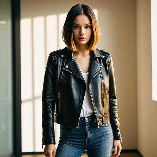 Young Woman Wearing Black Leather Jacket and Blue Jeans Indoors