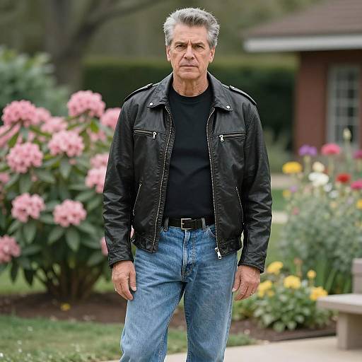 Mature Man Wearing Black Leather Jacket Standing in Garden with Flowers