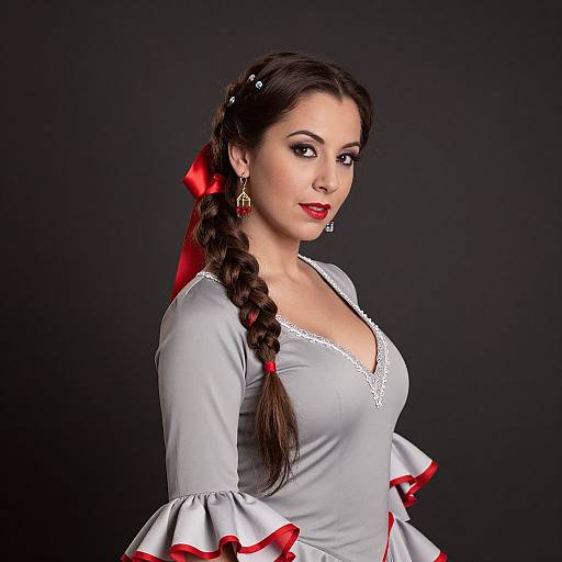 Woman in Traditional Dress with Red Ribbon Braid and Ruffled Sleeves