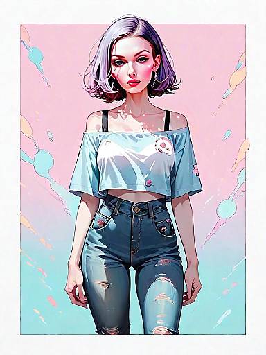 Stylish Young Woman Wearing Off-the-Shoulder Knit Top and High-Waisted Ripped Jeans Digital Art