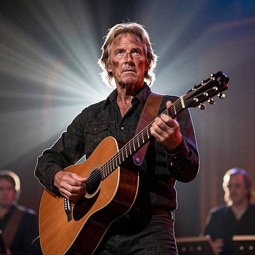 Man Playing Acoustic Guitar on Stage with Dramatic Backlighting
