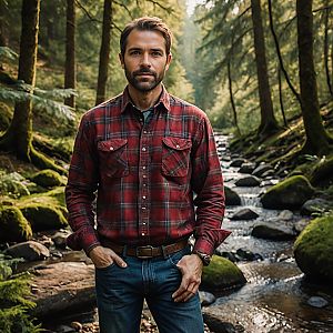 Man in Red Plaid Shirt in Lush Forest