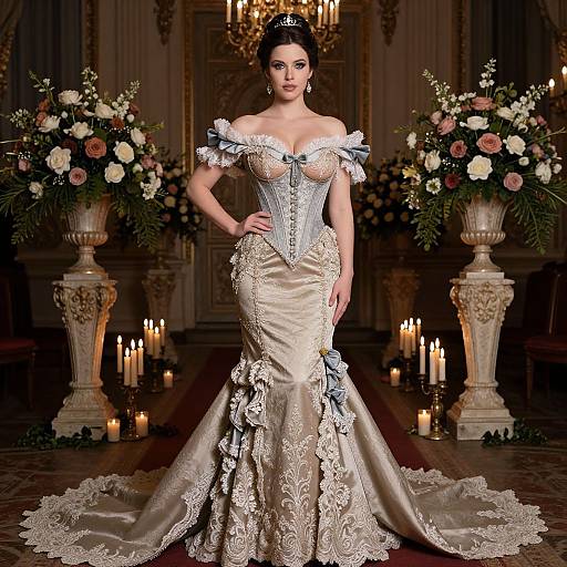 Elegant Woman in Vintage Bridal Gown with Tiara in Ornate Hall