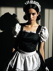 Young Woman in Classic French Maid Outfit with Dramatic Shadows Waist-Up