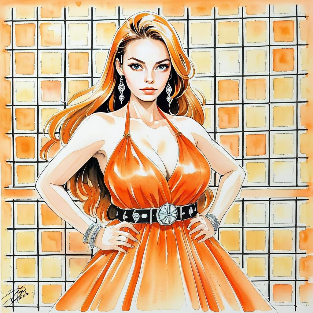 Confident Woman in Orange Dress with Geometric Background Confident Woman in Orange Dress with Geometric Background