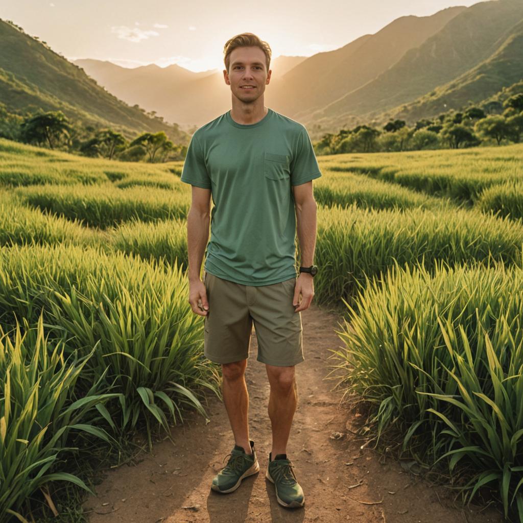 Man in Lush Field with Mountains in Soft Sunlight