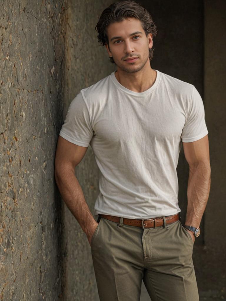 Handsome man in casual wear against textured wall