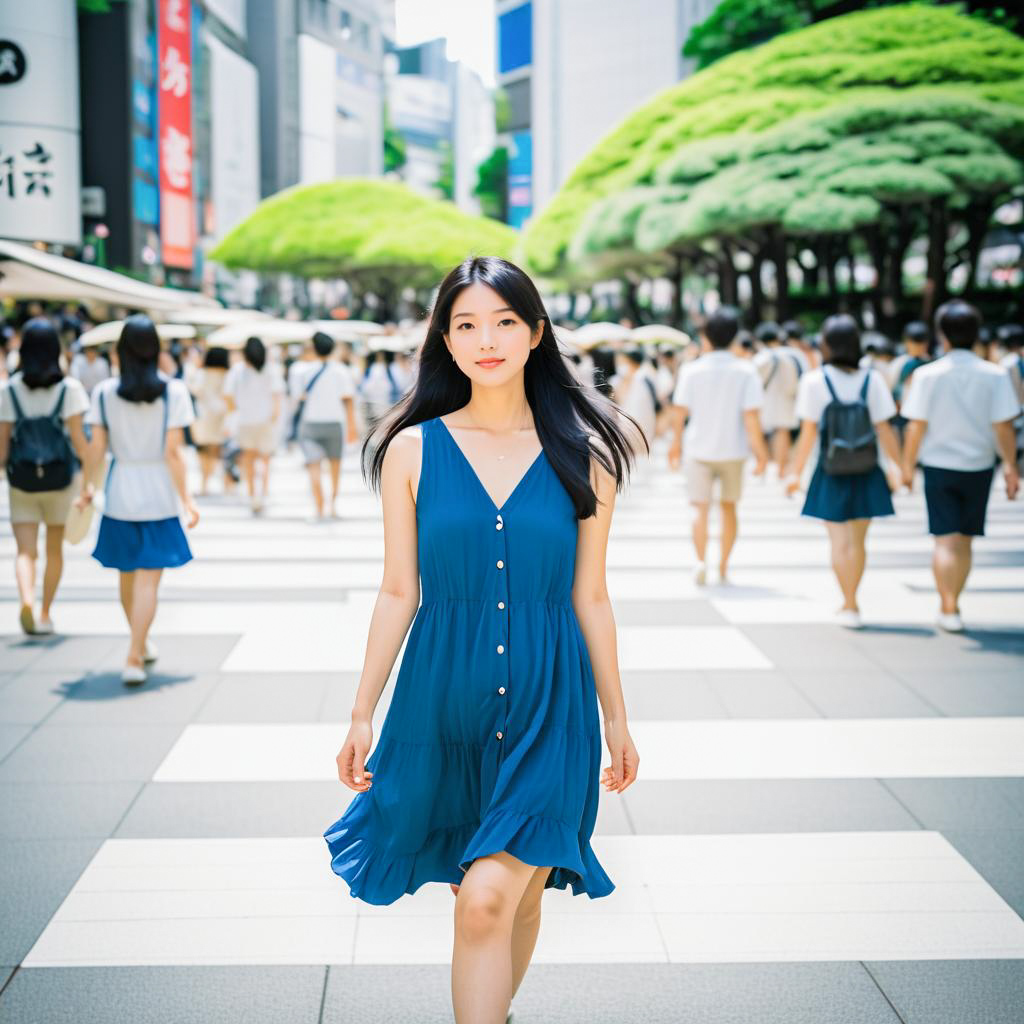 Young Woman in Blue Dress on Urban Street