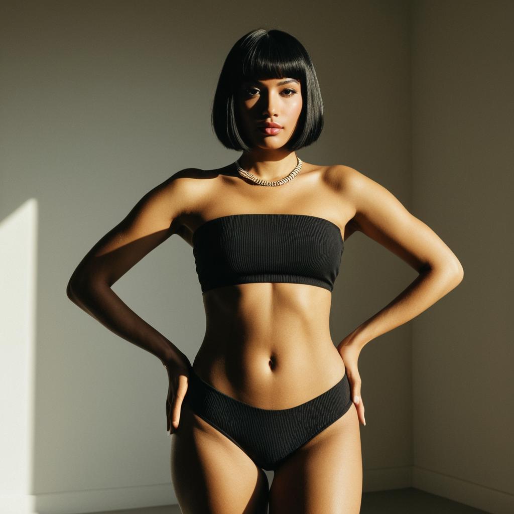 Confident Woman in Black Ribbed Bandeau Bikini with Bob Hairstyle in Sunlit Room