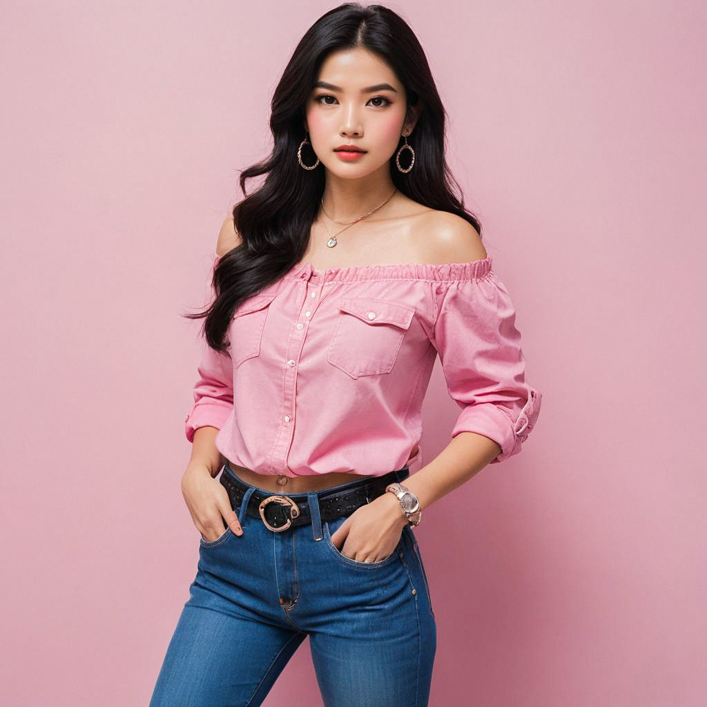 Confident Woman in Pink Blouse and Jeans Confident Woman in Pink Blouse and Jeans