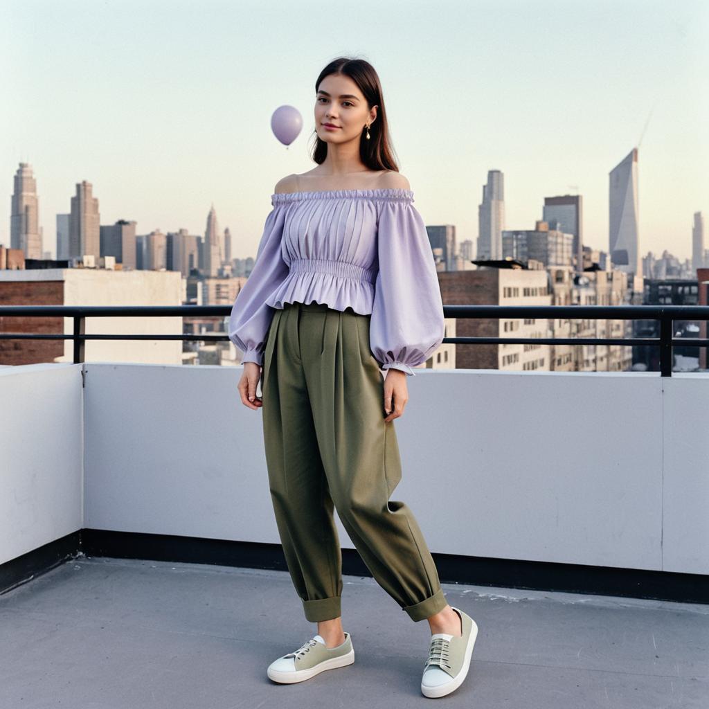 Young Woman in Stylish Off-Shoulder Lavender Top and Olive Pants on Rooftop Cityscape