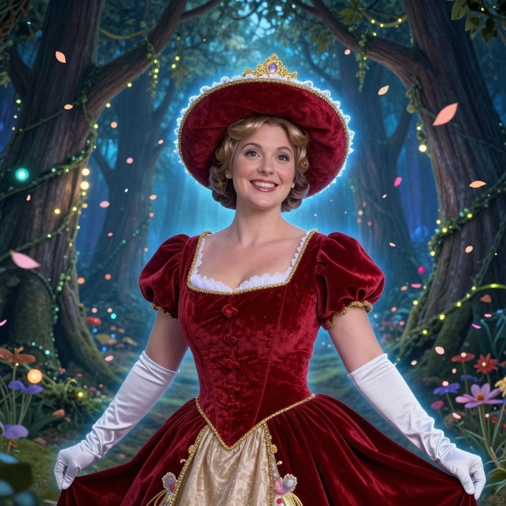 Woman in Red Velvet Gown and Hat in Enchanted Forest Fairytale Setting