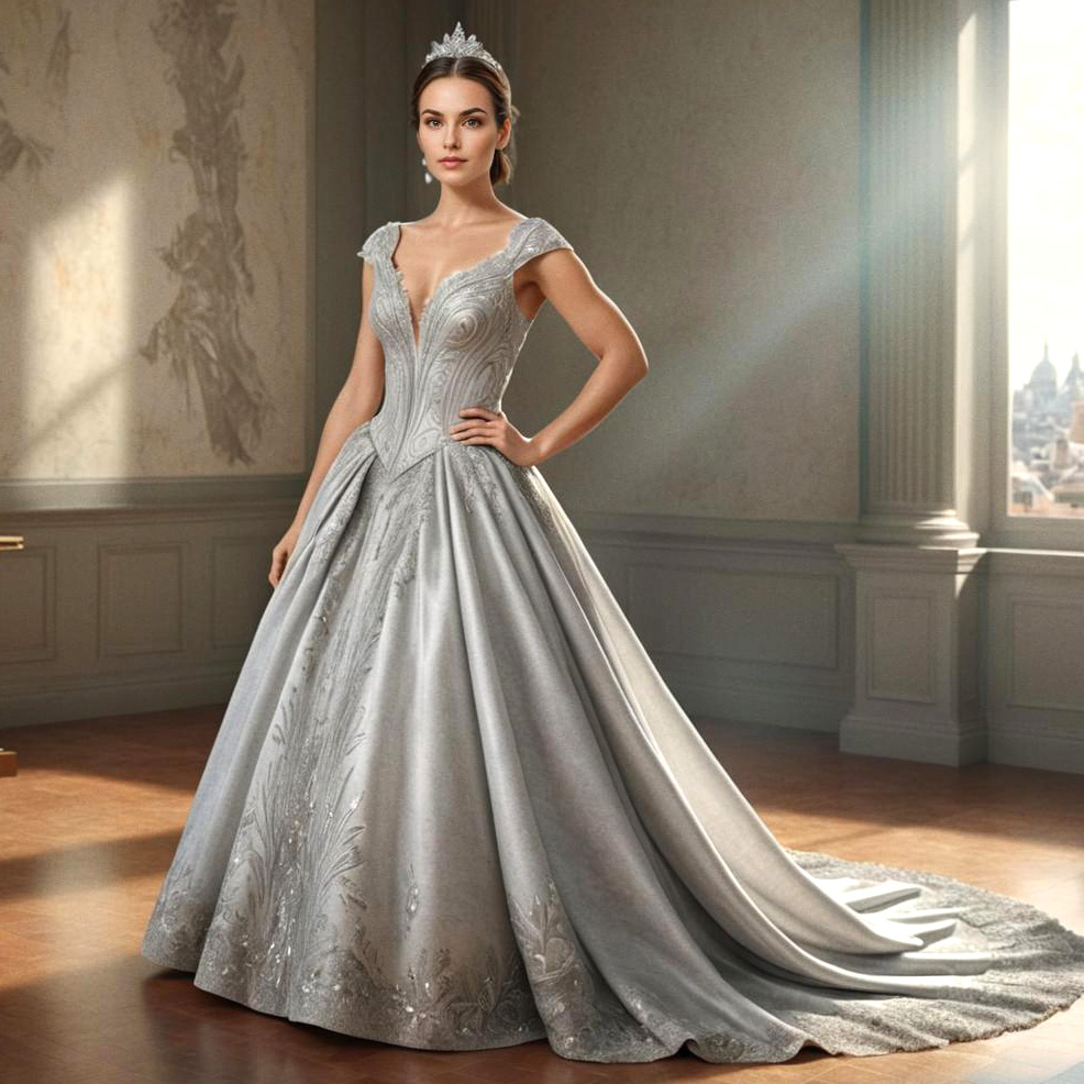 Elegant Woman in Silver Gown with Tiara