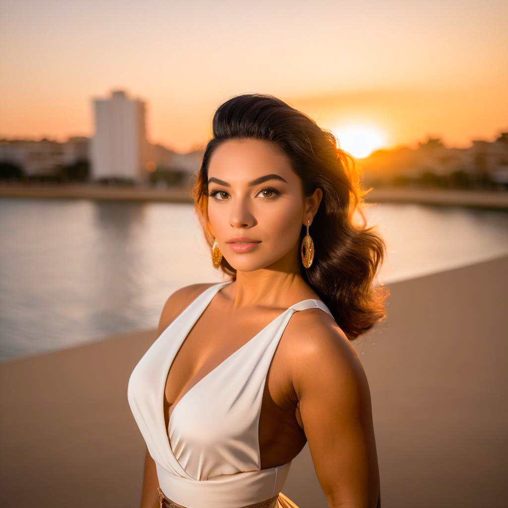 Elegant Woman in White Dress at Sunset