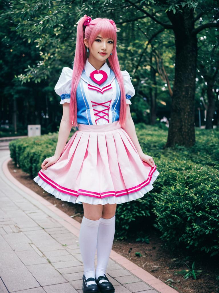 Aino Megumi Cosplay in Pink and Blue Maid Outfit Outdoors