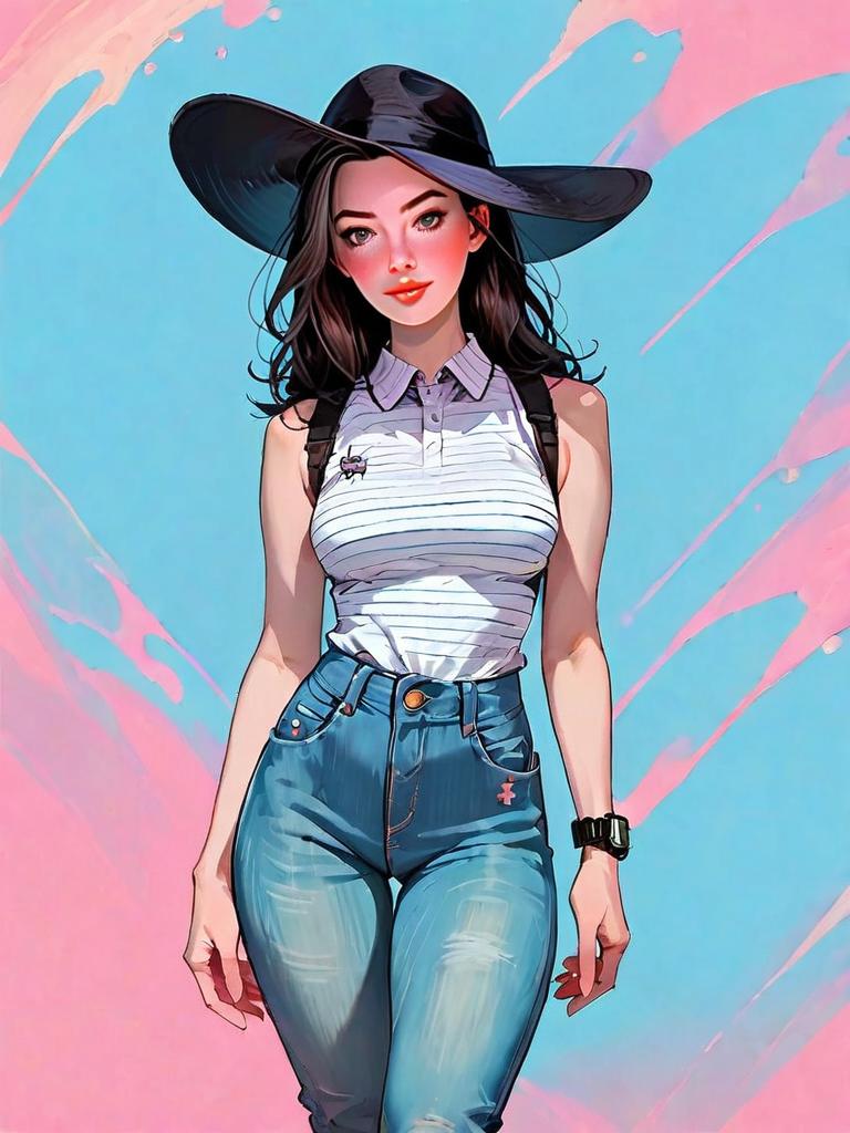 Stylish Woman in Casual Outfit with Black Hat - Realistic Comic Style Illustration