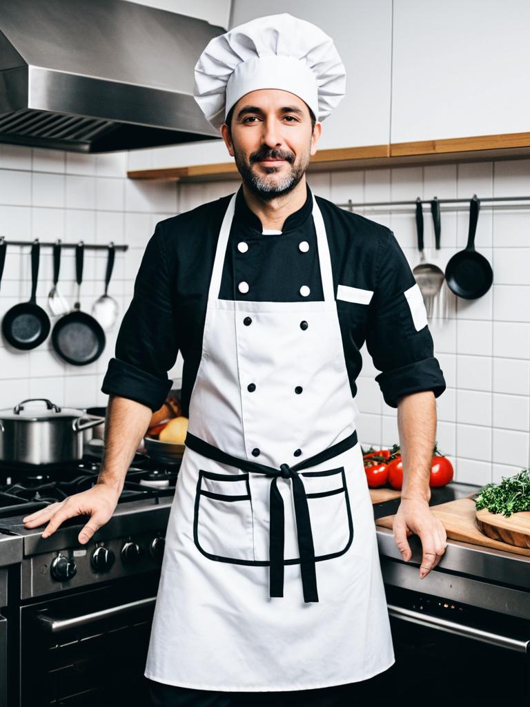 Professional Male Chef in Classic Chef Costume with Apron and Hat in Modern Kitchen