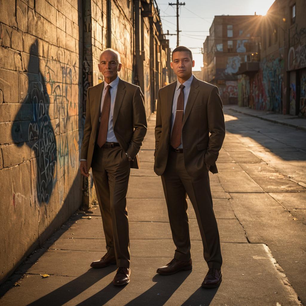 Two confident businessmen in urban alley at sunset