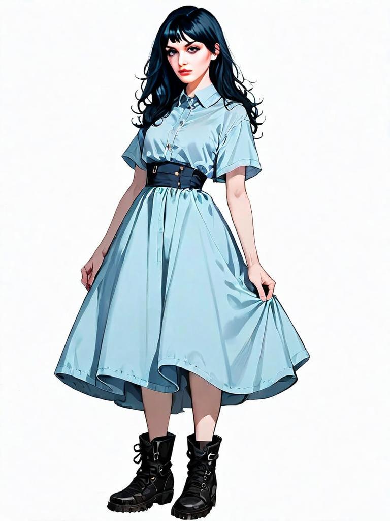 Realistic Comic Style Woman in Blue Dress and Black Boots Full Body Illustration