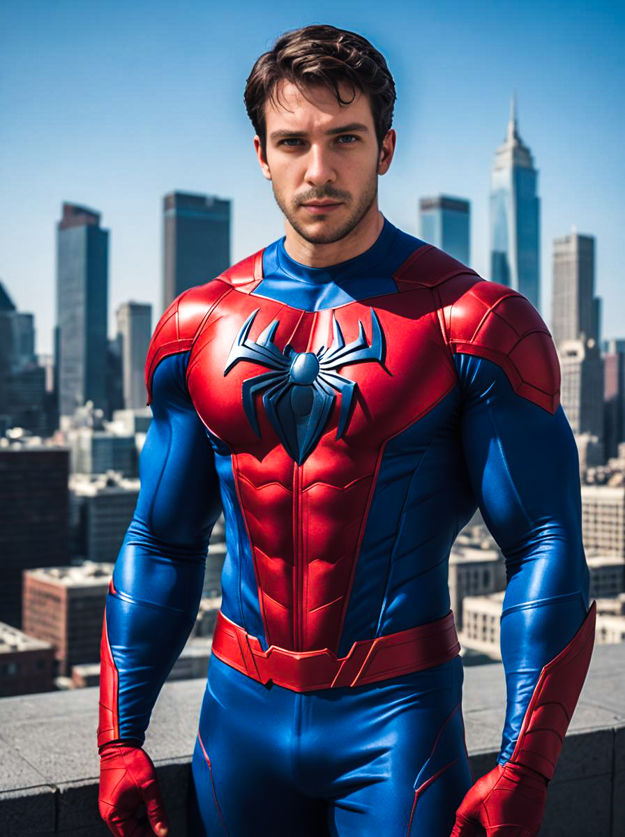 Superhero Man in Vibrant Costume Against City Skyline