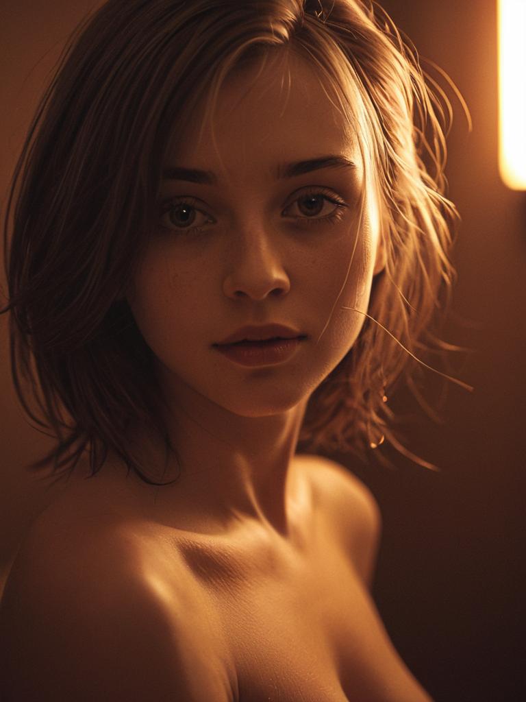Warm Light Portrait of Young Woman with Short Hair in Realistic Style