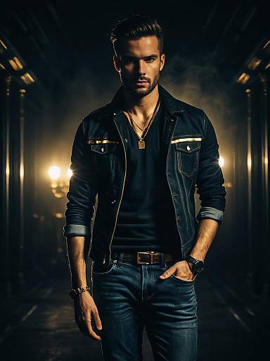 Man in Stylish Denim Jeans Outfit Waist Up Editorial Portrait Photorealist