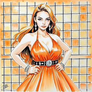 Confident Woman in Orange Dress with Geometric Background