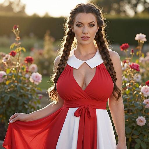 Woman in Red and White Dress Posing in Rose Garden