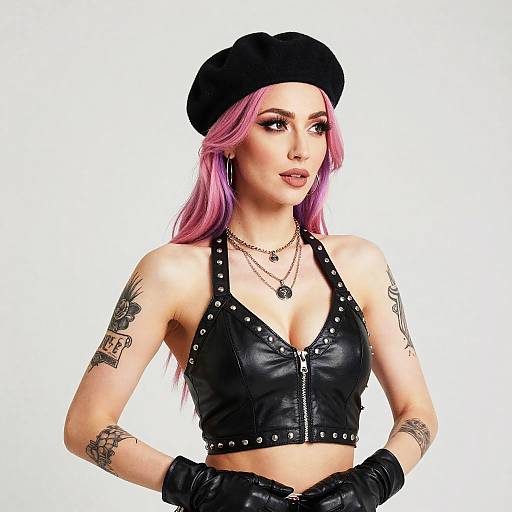 Edgy Punk Style Woman with Pink Hair Wearing Black Leather Crop Top and Beret