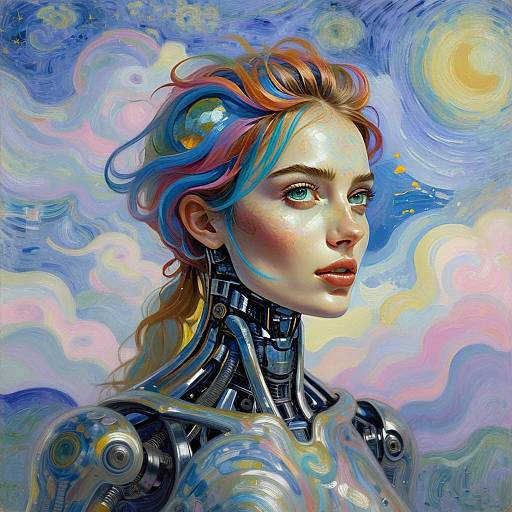 Futuristic Cybernetic Woman in Impressionist Style Digital Artwork