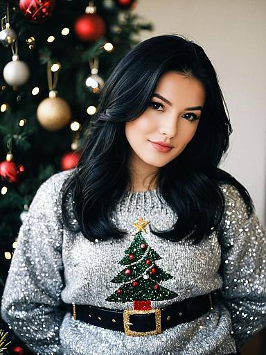 Woman in Glitter Christmas Sweater with Christmas Tree Design