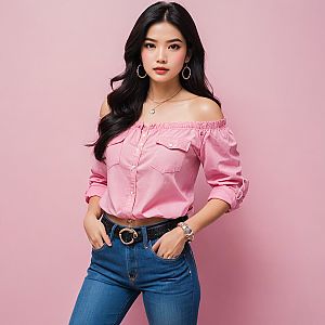 Confident Woman in Pink Blouse and Jeans