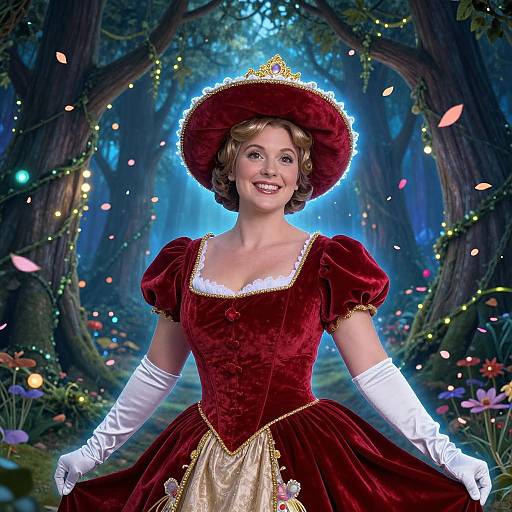 Woman in Red Velvet Gown and Hat in Enchanted Forest Fairytale Setting