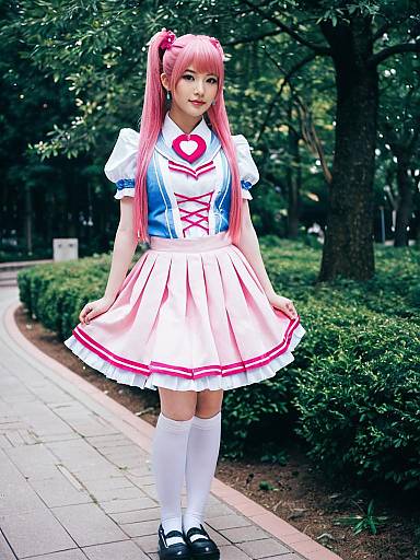 Aino Megumi Cosplay in Pink and Blue Maid Outfit Outdoors