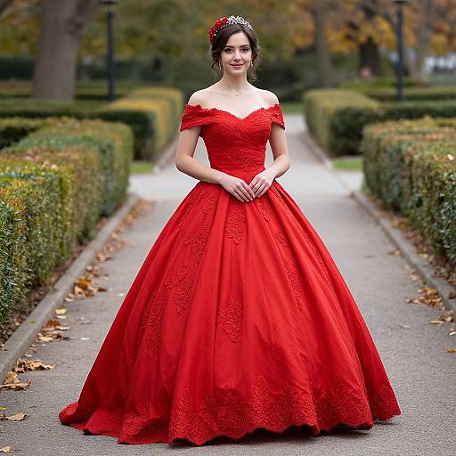 Elegant Woman in Red Lace Ball Gown Outdoors