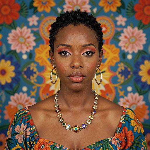 Portrait of Woman with Floral Background and Colorful Jewelry