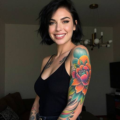 Smiling Woman with Colorful Floral Sleeve Tattoo in Modern Living Room