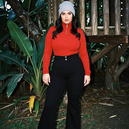 Plus Size Woman in Casual Chic Red Turtleneck and Black Pants Outdoors