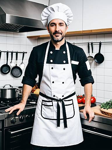 Professional Male Chef in Classic Chef Costume with Apron and Hat in Modern Kitchen