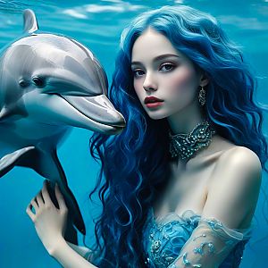 Woman with Blue Hair and Dolphin Underwater