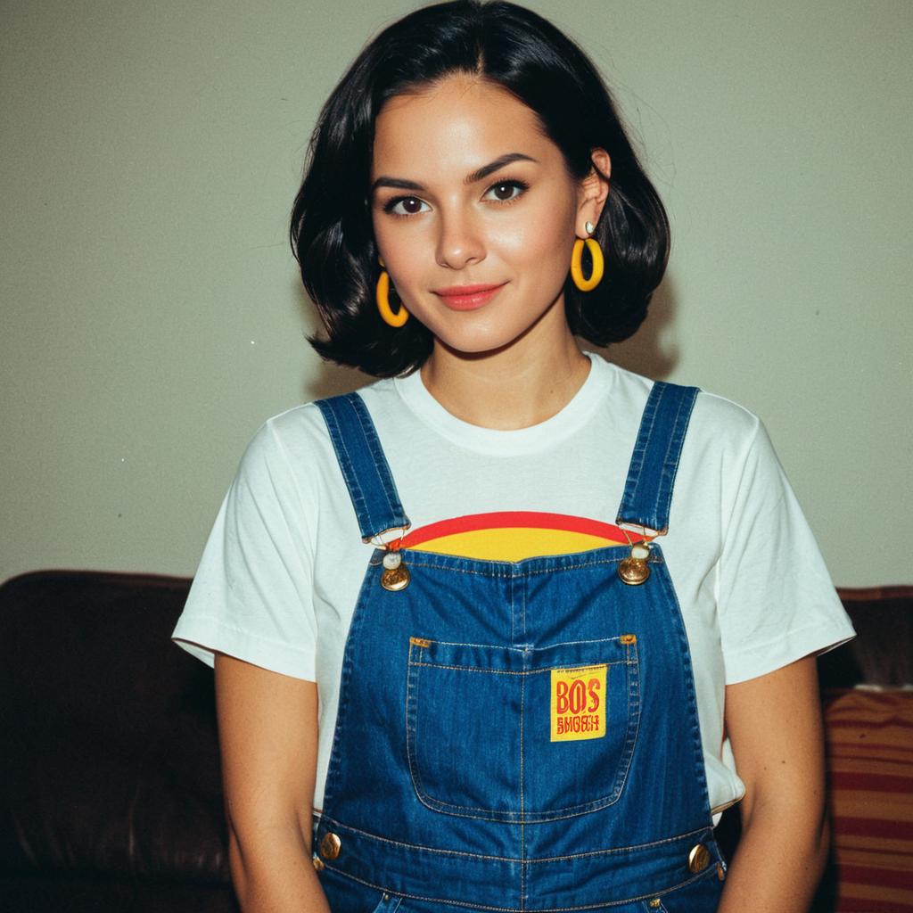 Young Woman in Denim Overalls with Yellow Hoop Earrings Young Woman in Denim Overalls with Yellow Hoop Earrings