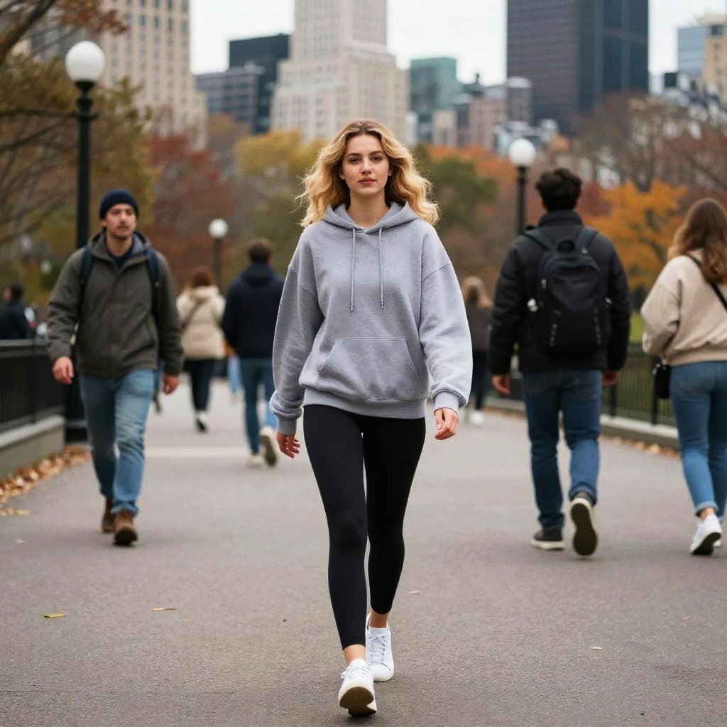 Confident Young Woman Walking in Urban Park During Autumn