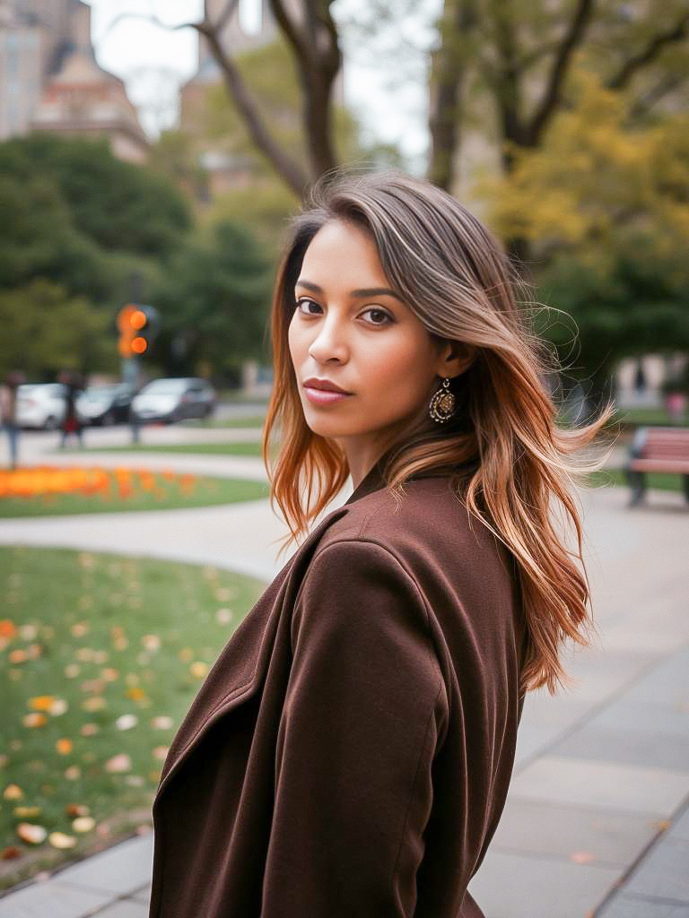 Elegant Woman in City Park with Autumn Foliage