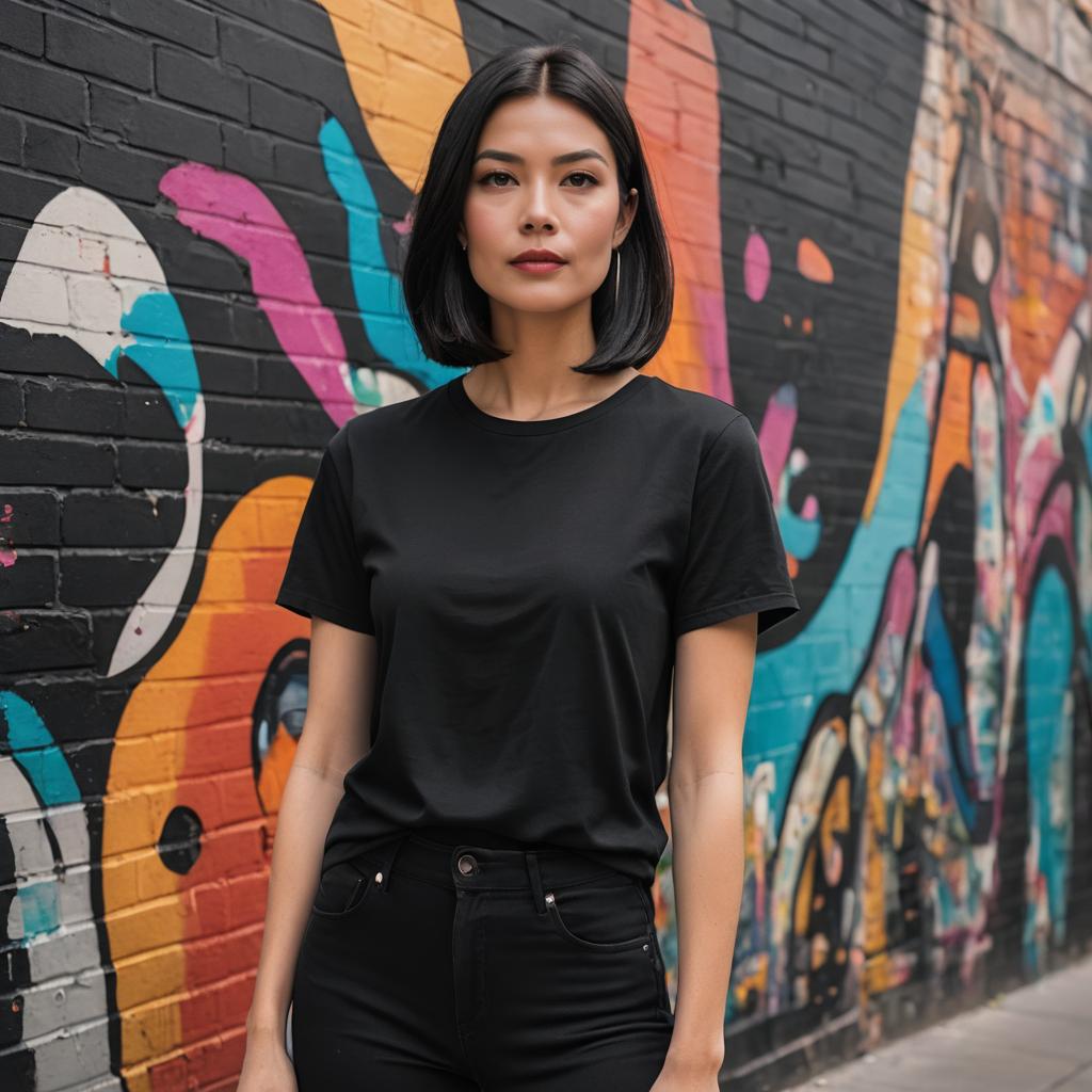 Confident Woman in Black Outfit Standing Against Urban Graffiti Wall