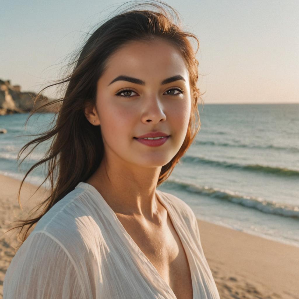 Sun-kissed woman by the beach in golden hour