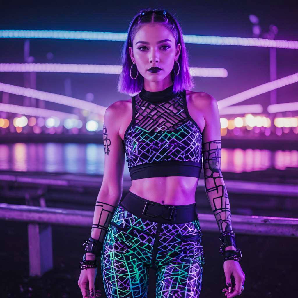 Futuristic Cyberpunk Woman with Purple Hair Neon Night Fashion