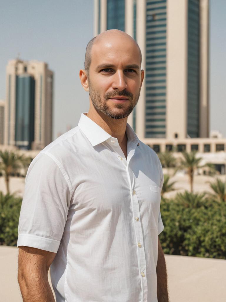 Confident Man in Urban Setting with Palm Trees