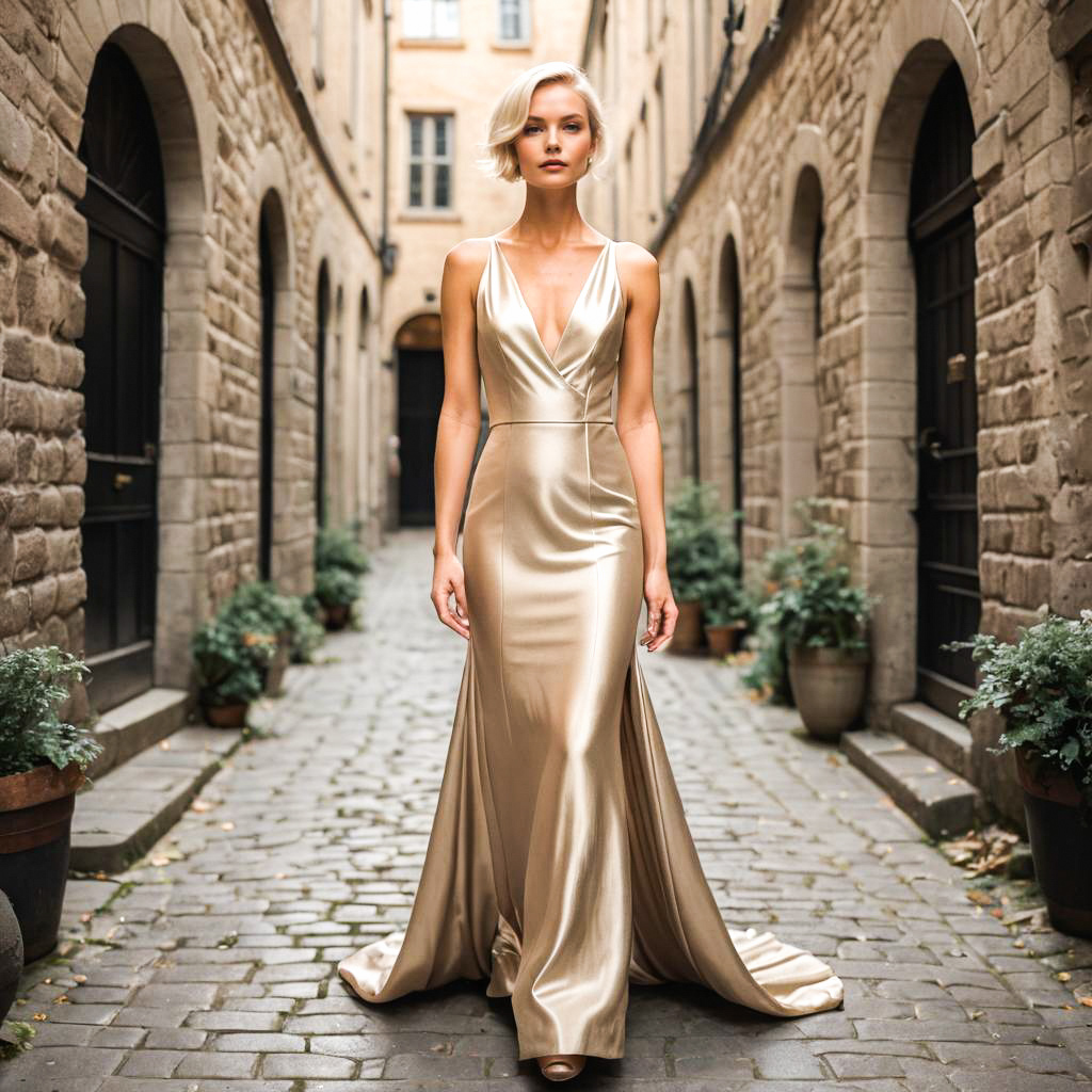 Stunning Woman in Golden Gown in Cobblestone Alley