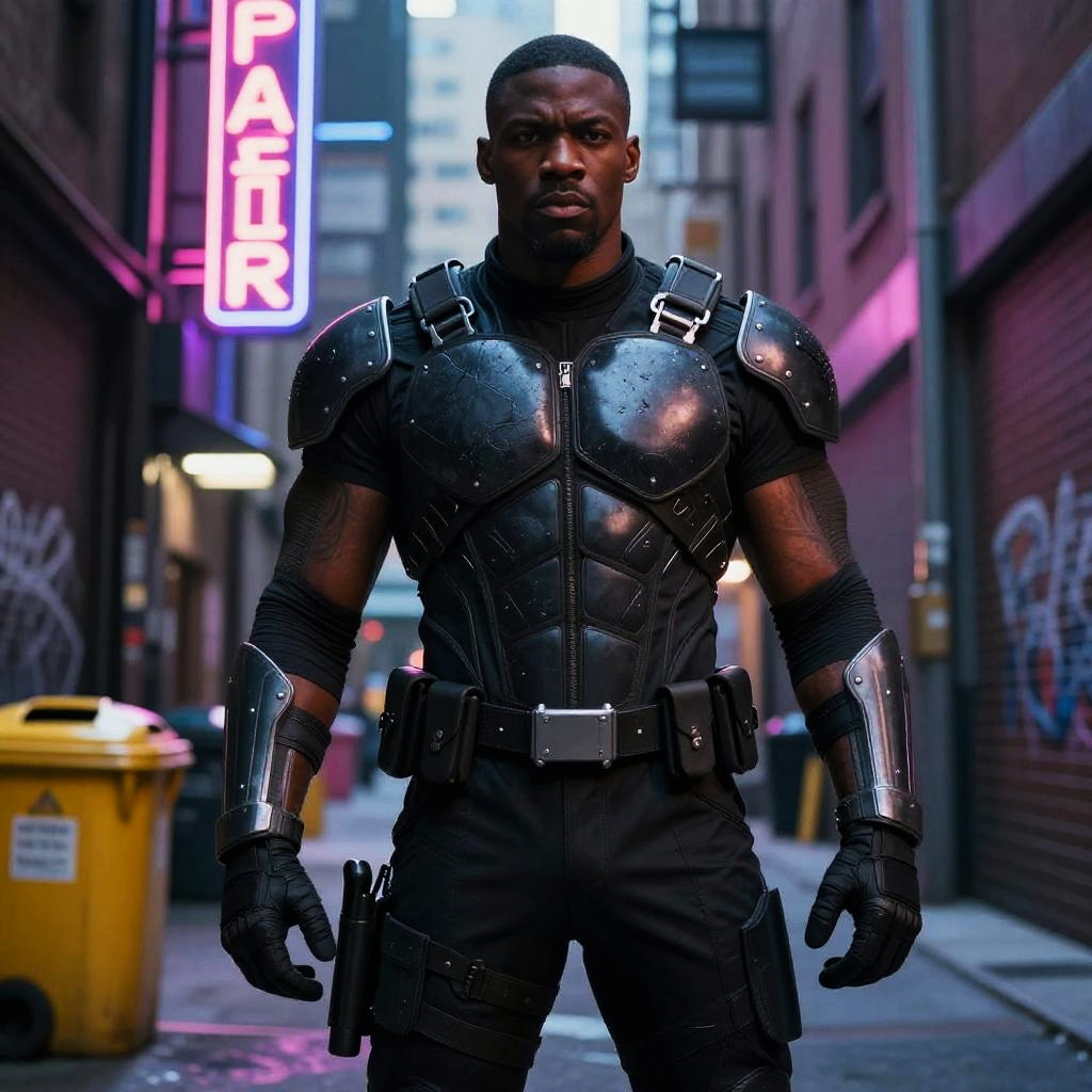 Cyberpunk Man in Tactical Armor Standing in Neon Alley