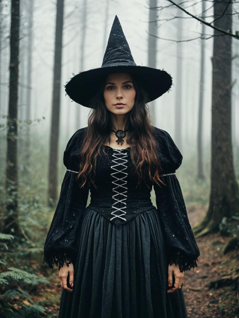 Photorealistic Woman in Woodland Witch Costume Outdoor Portrait in Misty Forest